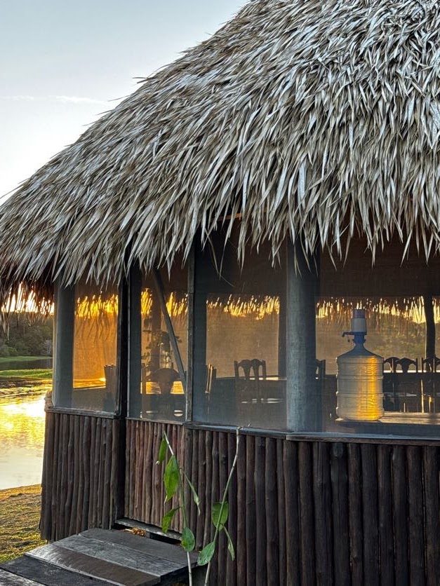 Thatched pavilion lit in the evening