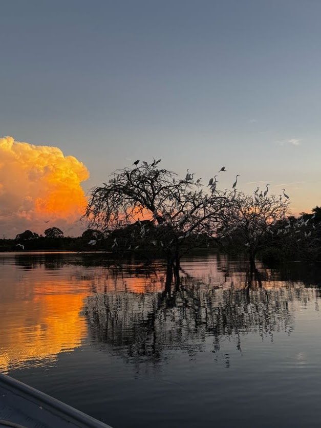 Sunset reflected on the lake at the lodge