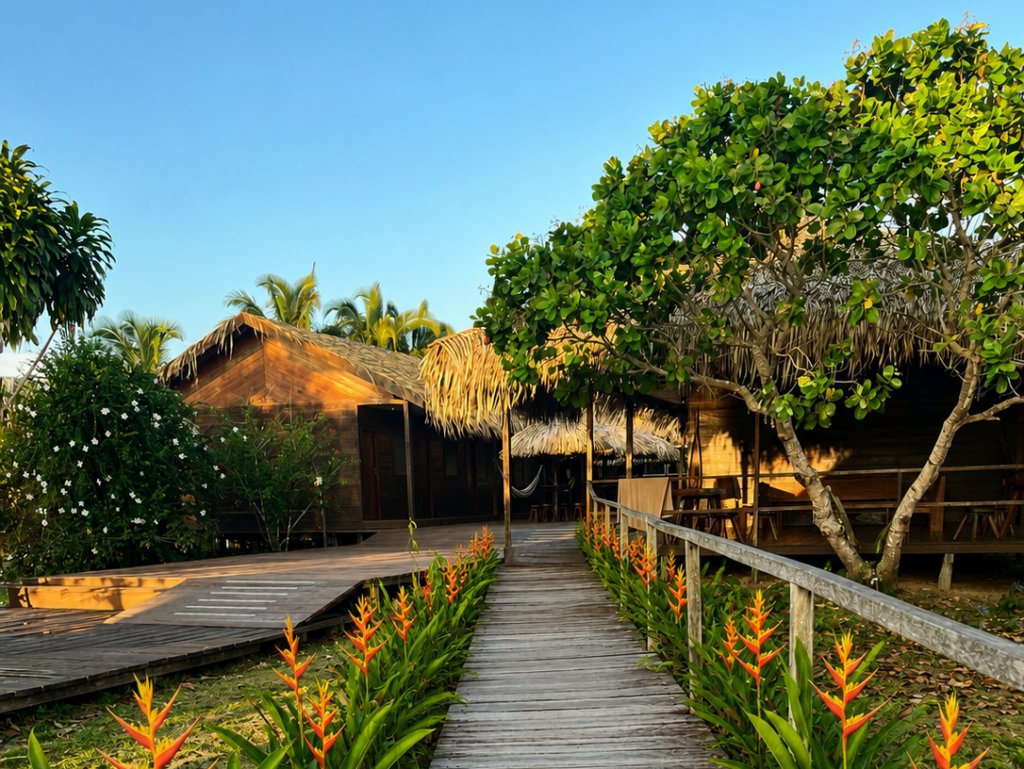 Lodge boardwalk lined with heliconias